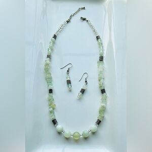 Hand-made “New Jade” Bead Necklace and Earring set with Antiqued Silver Accents